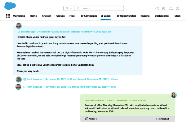 Conversica Integrates Seamlessly within Salesforce offering reps a clear view of actions and conversation details