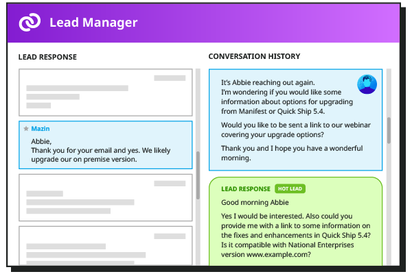 See the detail of the conversation with each contact in the Lead Manager response view