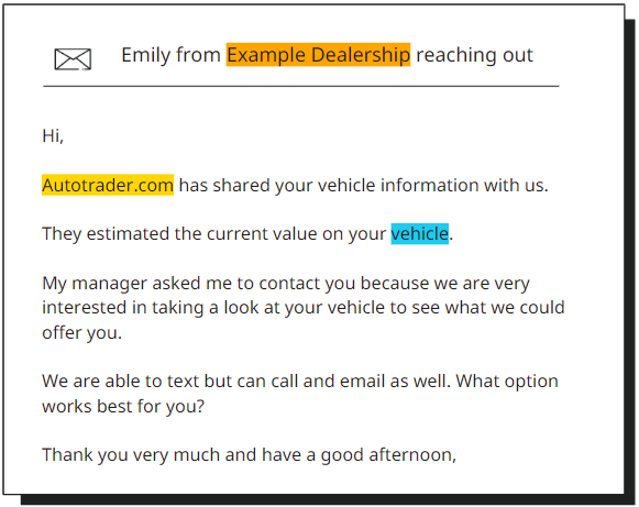 The real time trade in conversation follows up with leads inquiring about trade-ins online.