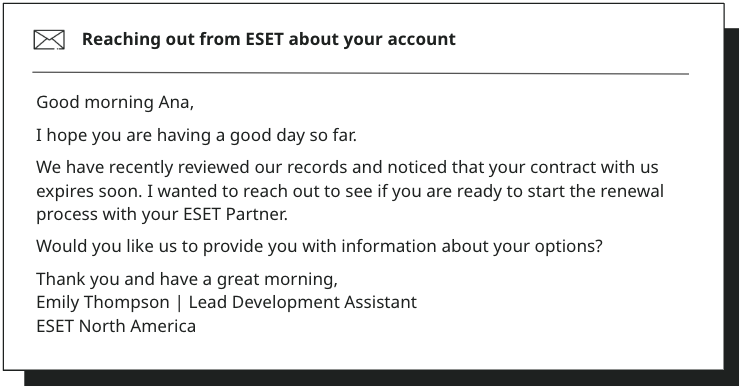 ESET account renewal kickoff conversation